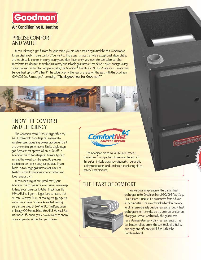 Goodman 96% Two Stage Variable Speed Gas Furnace 100K BTU, GCVC961005CN DOWN-FLOW